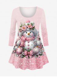 T-shirt de Noël Brillant 3D Boule Bonhomme de Neige et Fleur Imprimés de Grande Taille - Rose clair 6X