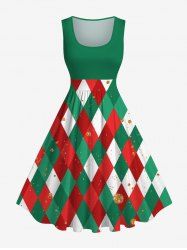 Plus Size Christmas Elf Rhombus Lattice Colorblock Print 1950s Vintage Dress -  