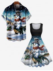 Tenue Trapèze Ombrée Imprimé Dragon et Flocon de Neige de Noël Grande Taille pour Couples - Multi-A 