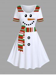 Robe de Noël Ligne A Rayée Colorée Bonhomme de Neige Imprimé de Grande Taille - Blanc 1X