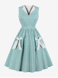 Robe Vintage à Carreaux Imprimé à Col Revers avec Nœud Papillon - Vert clair M