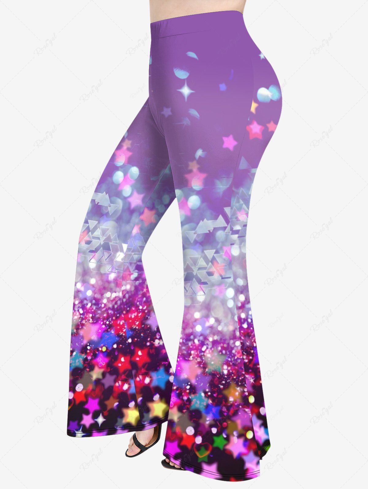 Trendy Plus Size Glitter Sparkling Christmas Sequins Stars Print Flare Pants  