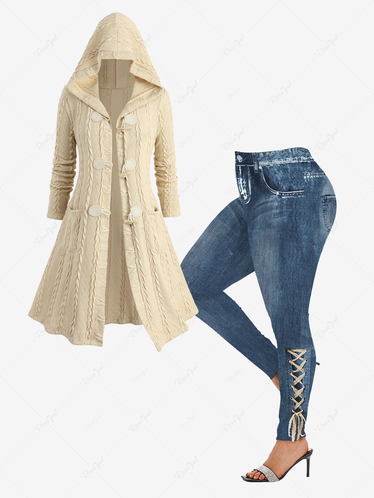Buy Cable Knit Pockets Horn Buttons Hooded Coat and 3D Lace Lace-up Button Pocket Distressed Ombre Denim Printed Skinny Leggings Plus Size Outfit  