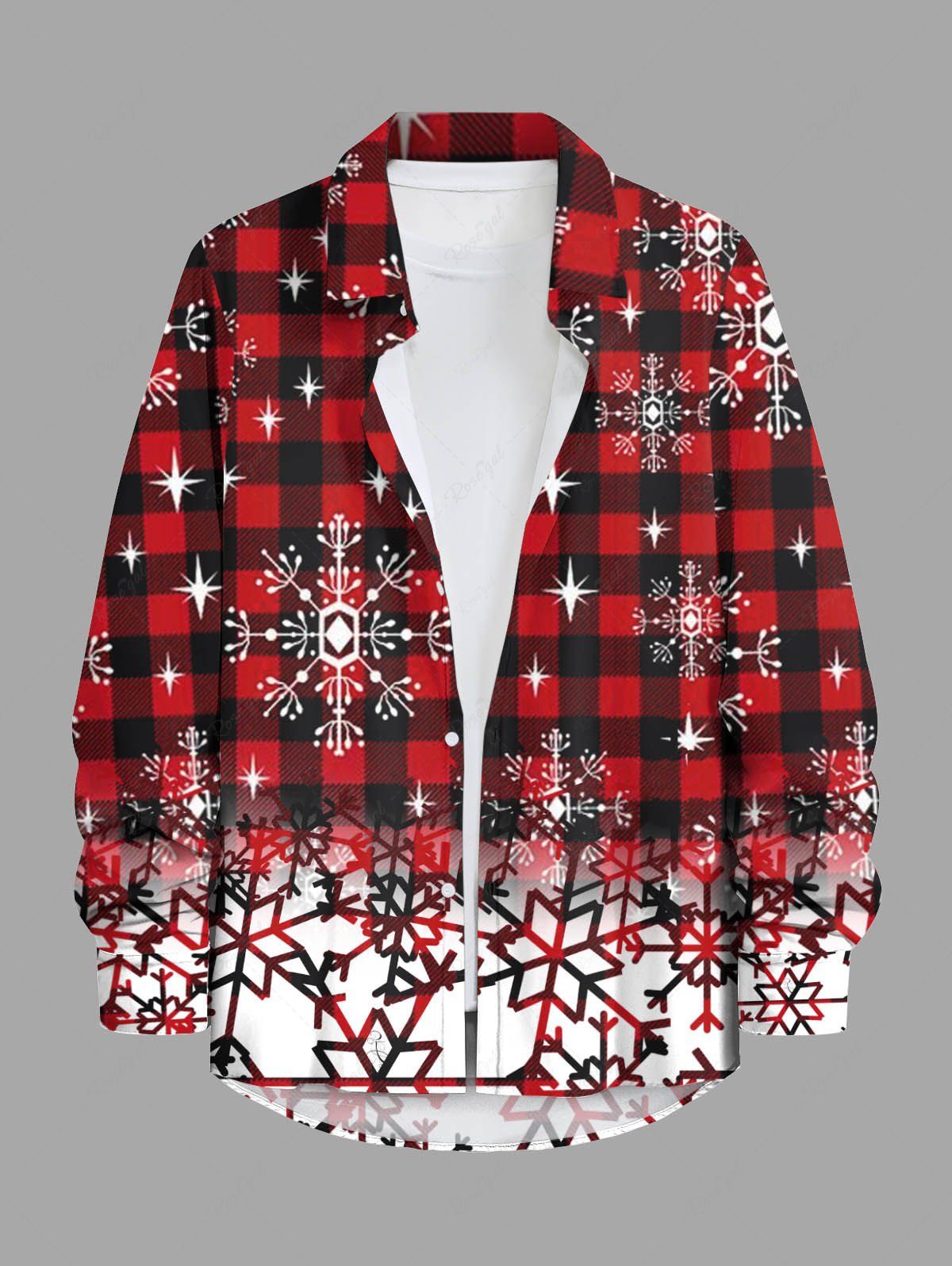 Chemise Flocon de Neige à Carreaux Imprimé en Blocs de Couleurs à Manches Longues de Grande Taille avec Poche Rouge 8XL