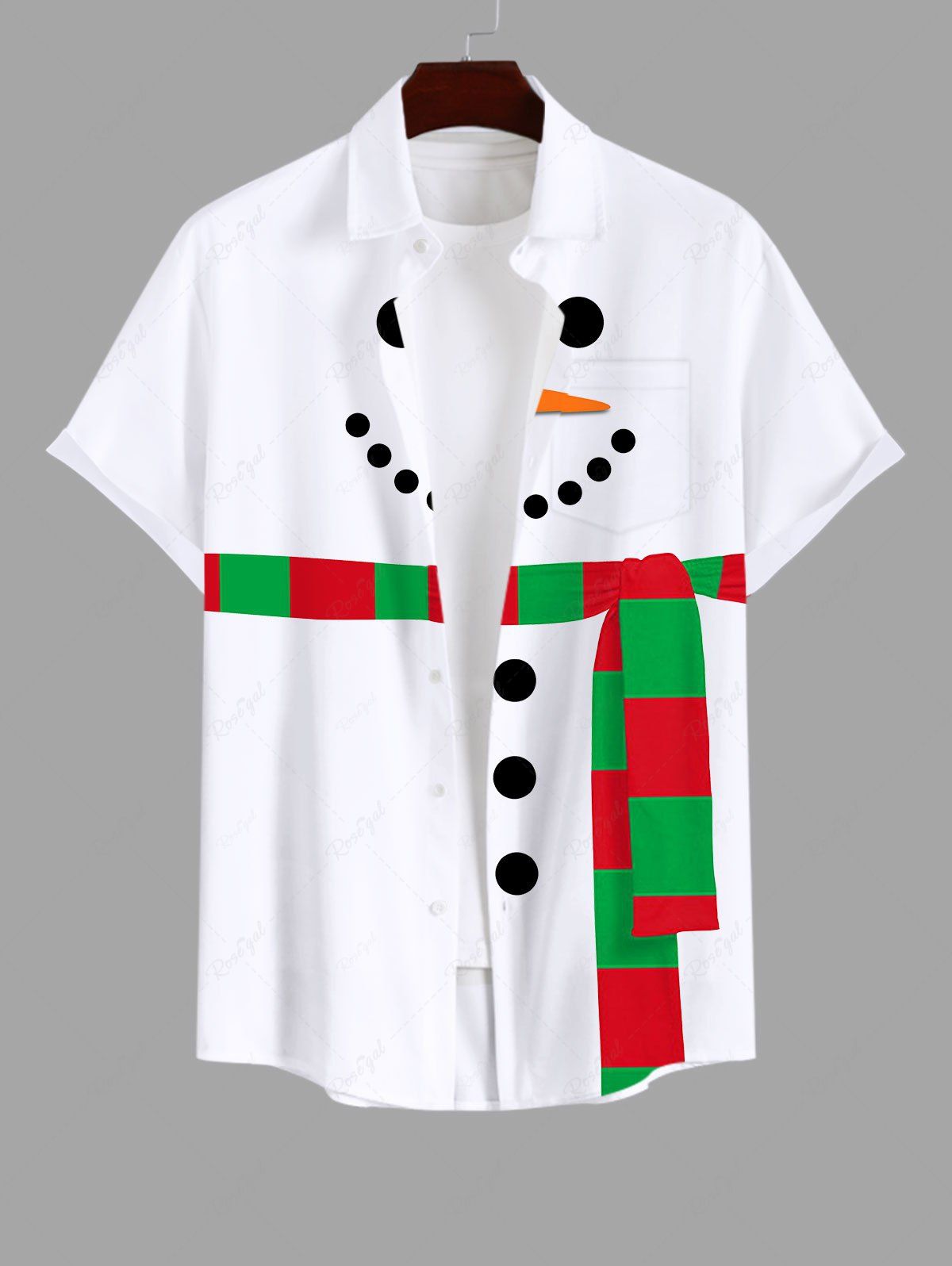 Chic Plus Size Christmas Snowman Striped Scarf Print Buttons Pocket Shirt For Men  
