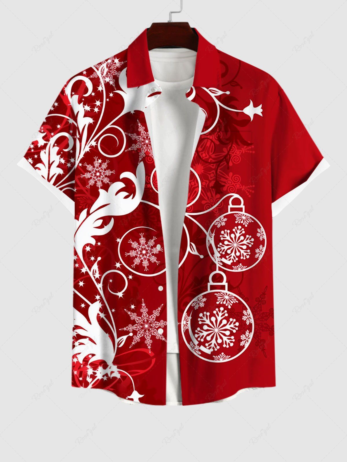 Hot Plus Size Christmas Ball Snowflake Floral Leaf Print Buttons Pocket Shirt For Men  