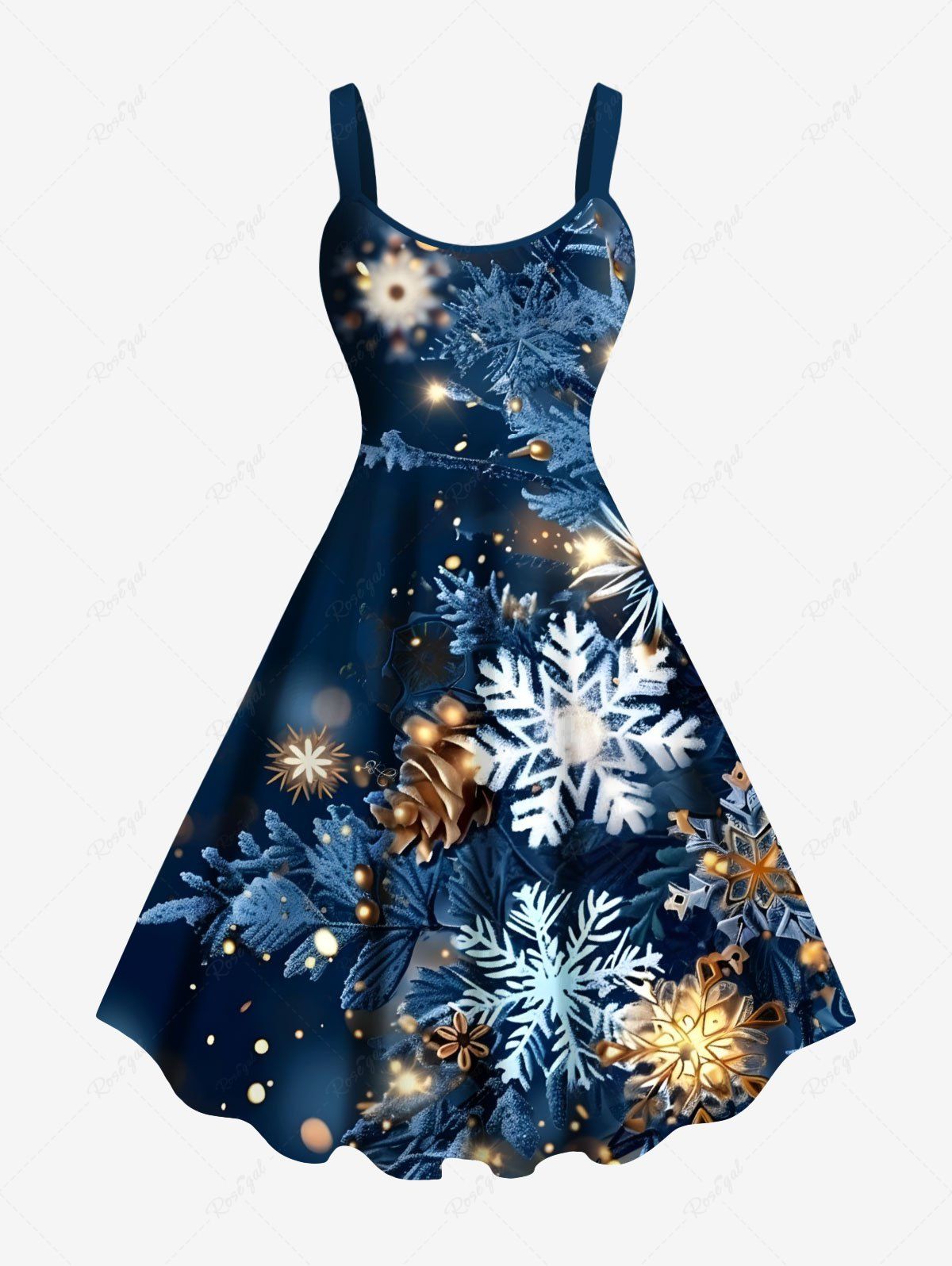 Robe Débardeur Métallique Imprimé Flocons de Neige et Fleurs de Noël 3D Grande Taille Bleu 6X