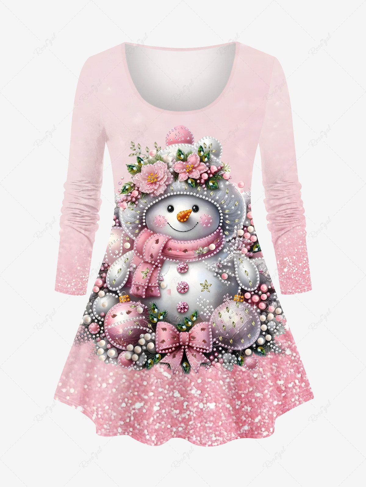 T-shirt de Noël Brillant 3D Boule Bonhomme de Neige et Fleur Imprimés de Grande Taille Rose clair 6X
