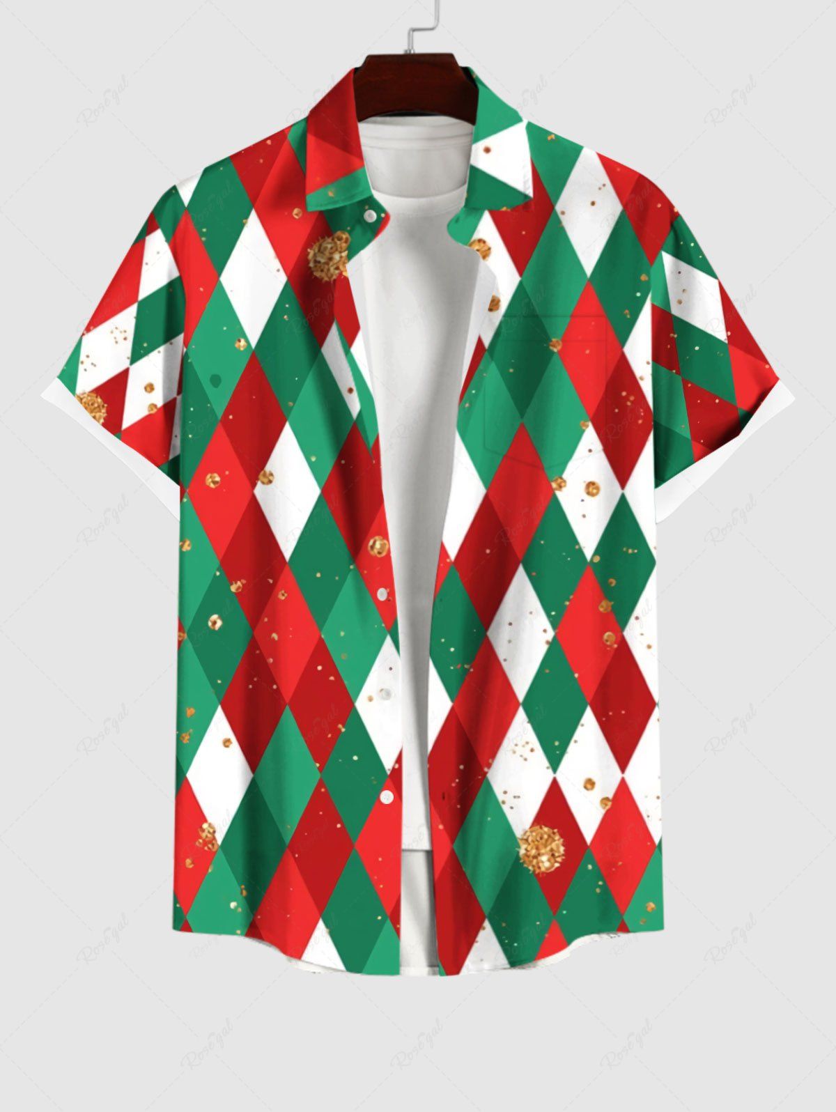 Latest Plus Size Christmas Elf Rhombus Lattice Colorblock Print Buttons Pocket Shirt For Men  