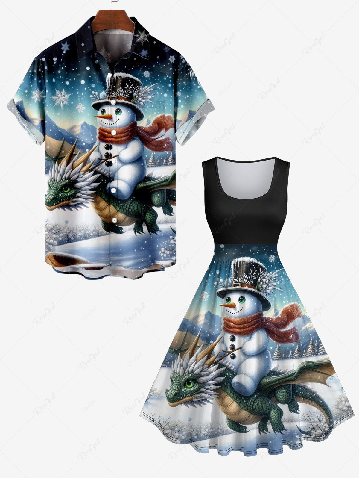Tenue Trapèze Ombrée Imprimé Dragon et Flocon de Neige de Noël Grande Taille pour Couples Multi-A 