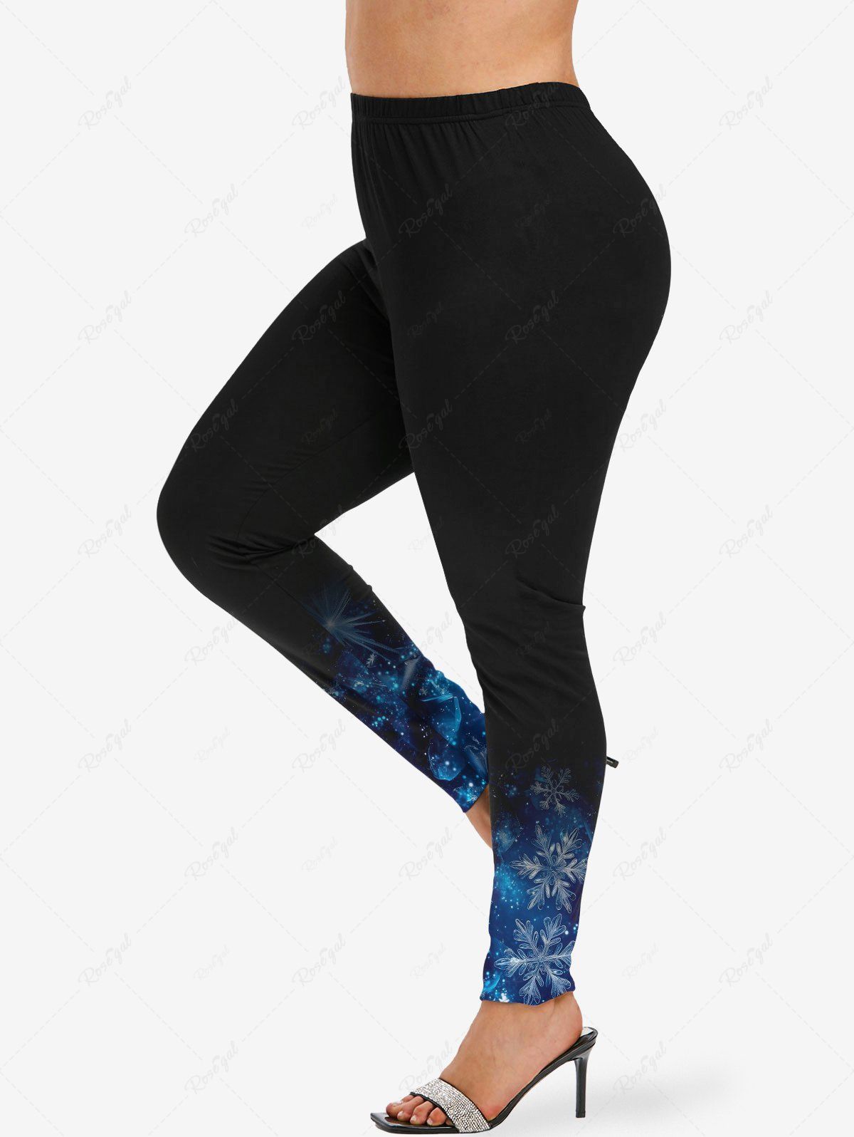 Leggings de Noël grande taille à imprimé galaxie et flocons de neige pailletés Noir XS