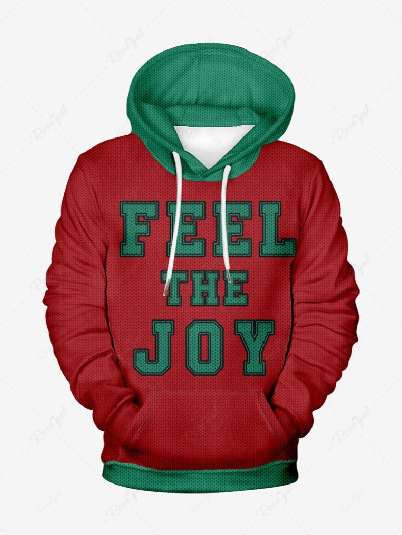 Discount Plus Size Christmas Letters Textured Two Tone Print Pocket Drawstring Pullover Long Sleeves Hoodie For Men  
