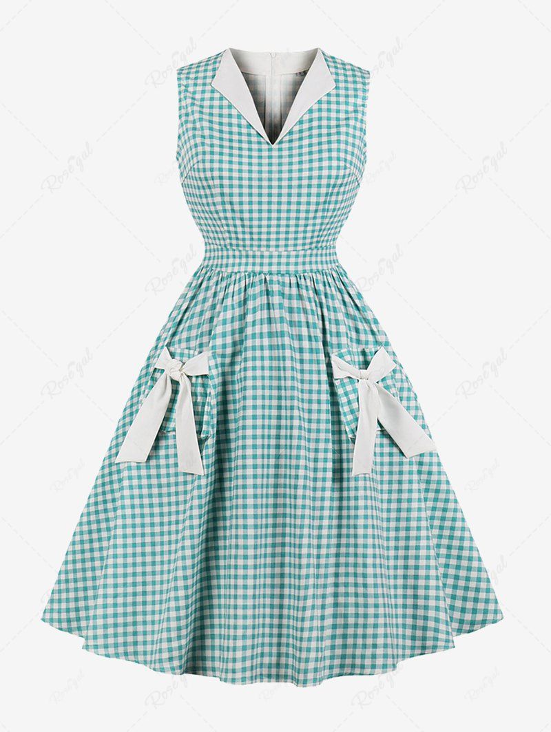 Robe Vintage à Carreaux Imprimé à Col Revers avec Nœud Papillon Vert clair M