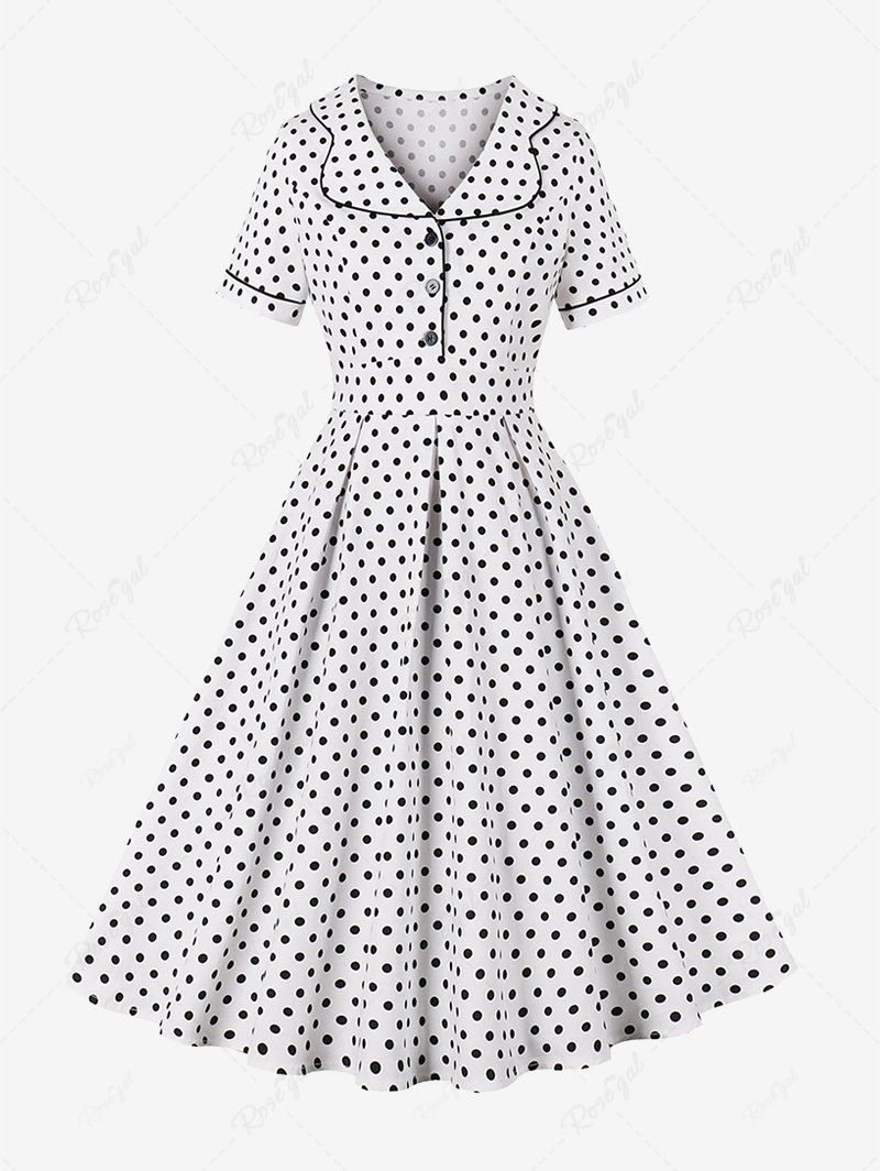 Ladies Polka Dots Print Lapel Collar Buttons Vintage Dress  