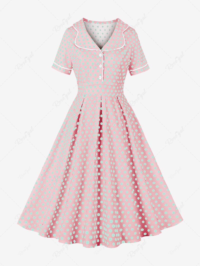 Hot Polka Dots Print Lapel Collar Buttons Vintage Dress  