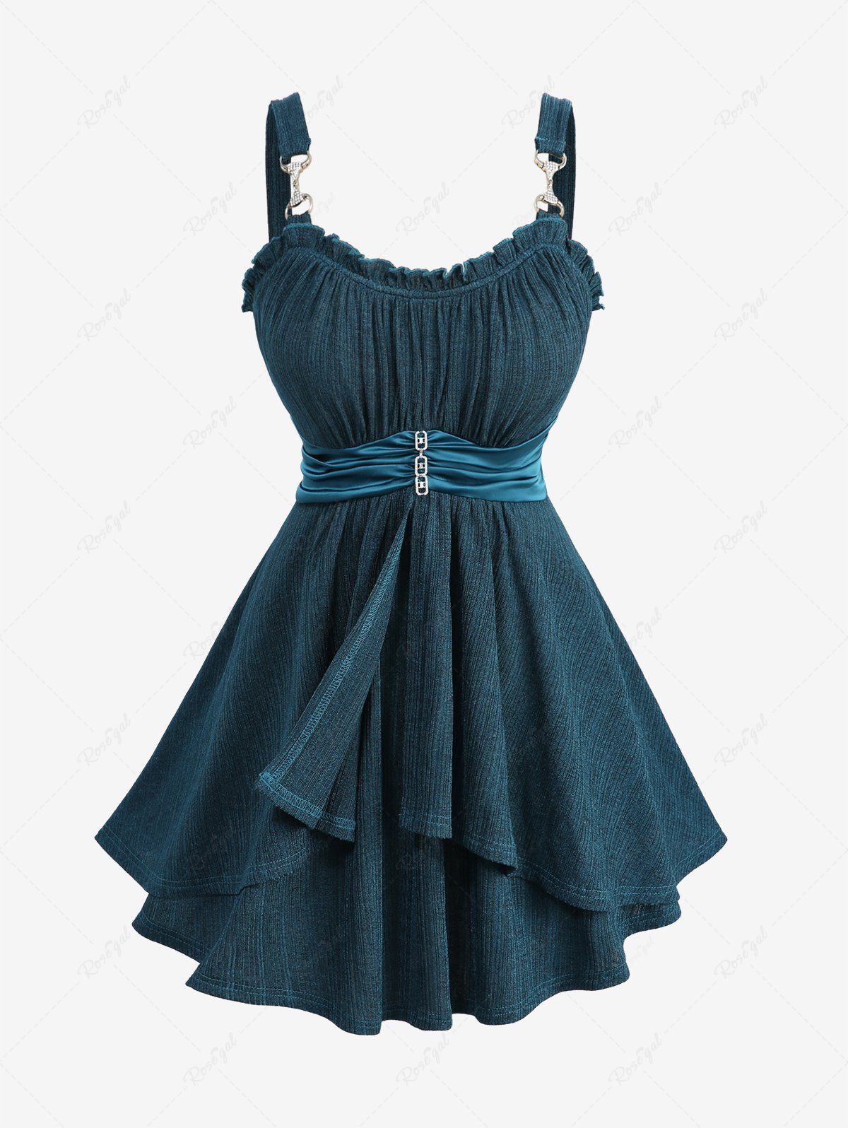 Fancy Plus Size Ruffles Ruched Chain Panel Silk Waist Ribbed Textured Buckle Tank Top  