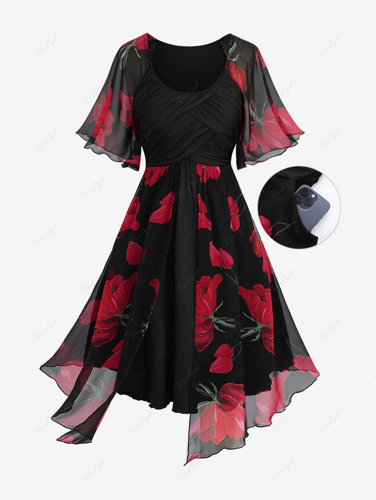 Robe Superposée Fleur Imprimée Panneau en Mousseline de Grande Taille Ourlet à Volants Noir 3X | US 22-24