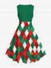 Plus Size Christmas Elf Rhombus Lattice Colorblock Print 1950s Vintage Dress -  