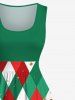 Plus Size Christmas Elf Rhombus Lattice Colorblock Print 1950s Vintage Dress -  