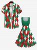 Plus Size Christmas Elf Rhombus Lattice Colorblock Print 1950s Vintage Dress -  