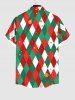 Plus Size Christmas Elf Rhombus Lattice Colorblock Print Buttons Pocket Shirt For Men -  