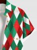 Plus Size Christmas Elf Rhombus Lattice Colorblock Print Buttons Pocket Shirt For Men -  