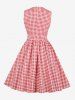 Plaid Print Bowknot Lapel Collar Pocket Vintage Dress -  