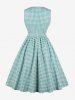 Robe Vintage à Carreaux Imprimé à Col Revers avec Nœud Papillon - Vert clair M