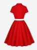 Two Tone Patchwork Buttons Pockets Lapel Collar Vintage Dress With Belt -  