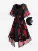 Robe Superposée Fleur Imprimée Panneau en Mousseline de Grande Taille Ourlet à Volants - Noir 5x | US 30-32