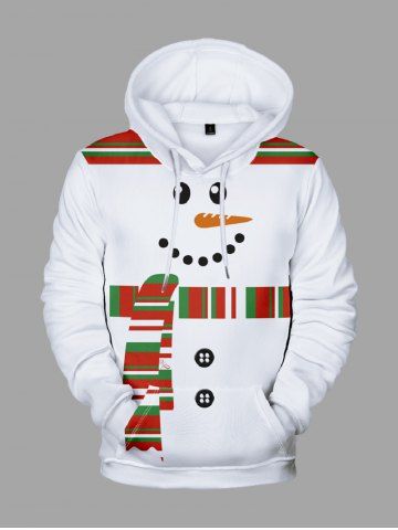 Plus Size Christmas Snowman Plaid Scarf Print Pocket Drawstring Pullover Long Sleeves Hoodie For Men - WHITE - 2XL