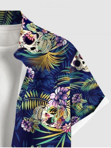 Hawaii Plus Size Turn-down Collar Skulls Coconut Tree Leaf Flower Print Button Pocket Shirt For Men