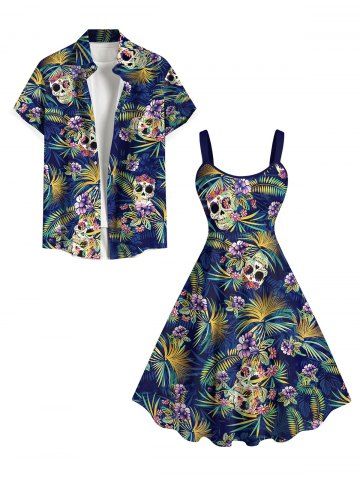 Skulls Coconut Tree Leaf Flower Print Backless Dress and Button Shirt Plus Size Matching Hawaii Beach Outfit for Couples - DEEP BLUE