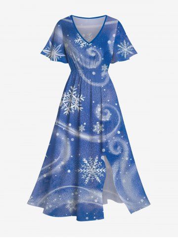 Plus Size Christmas Snowflake Print Split Midi Dress - BLUE - S