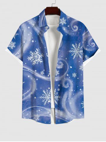 Plus Size Christmas Snowflake Print Buttons Pocket Shirt For Men - BLUE - L
