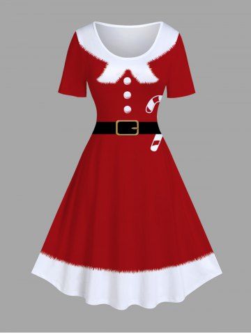 Plus Size Christmas Candy Belt Buttons Fleece Trim 3D Print Santa Claus Costume Vintage Dress - DEEP RED - S