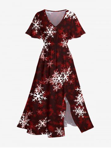 Plus Size Christmas Snowflake Tie Dye Print Split Midi Dress - RED - L