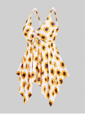 Handkerchief Sunflower Print Cinched Plus Size & Curve Modest Tankini  Swimsuit
