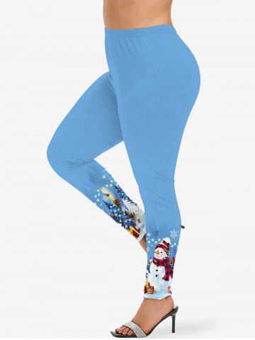 Plus Size Christmas Tree Light Snowman Snowflake Gift Box Glitter 3D Print Leggings - BLUE - S