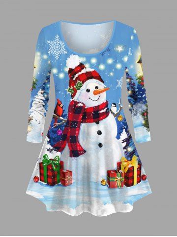 Plus Size Christmas Tree Light Snowman Snowflake Gift Box Glitter 3D Print T-shirt - BLUE - 2X