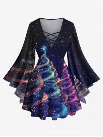 Plus Size Glitter Ombre Christmas Tree Galaxy Print Lattice Long Sleeves T-shirt - BLACK - 6X