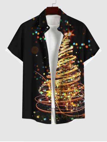 Plus Size Colorful Glitter Sparkling Christmas Tree Print Button Pocket Shirt For Men - BLACK - S