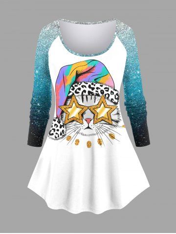 Plus Size Leopard Christmas Hat Star Cat Glitter Ombre Galaxy Print Long Sleeves T-shirt - WHITE - 1X