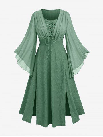 Robe Fendue Texturée en Maille à Manches de Cloche de Grande Taille à Lacets - DEEP GREEN - L | US 12