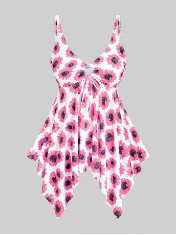 Handkerchief Sunflower Print Cinched Plus Size & Curve Modest Tankini  Swimsuit