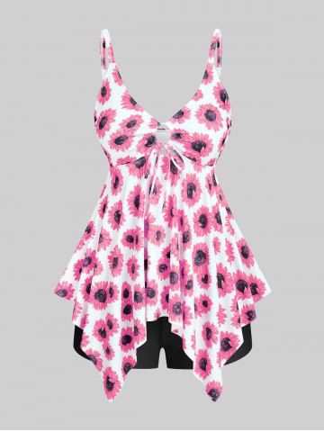 Handkerchief Sunflower Print Cinched Plus Size & Curve Modest Tankini  Swimsuit