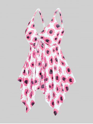 Handkerchief Sunflower Print Cinched Plus Size & Curve Modest Tankini  Swimsuit
