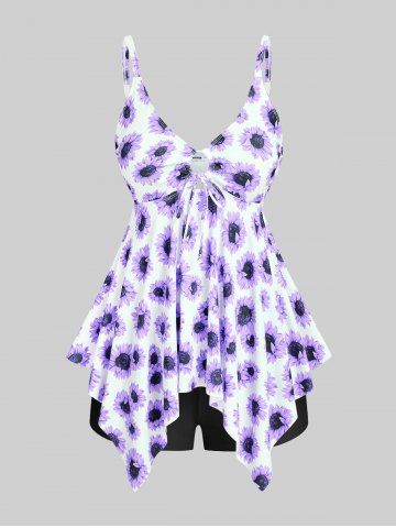 Handkerchief Sunflower Print Cinched Plus Size & Curve Modest Tankini  Swimsuit - PURPLE - 2X