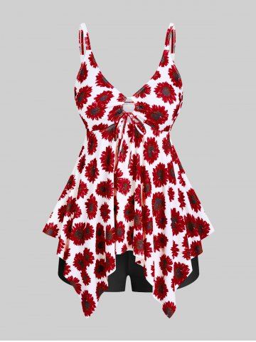 Handkerchief Sunflower Print Cinched Plus Size & Curve Modest Tankini  Swimsuit - DEEP RED - 5X
