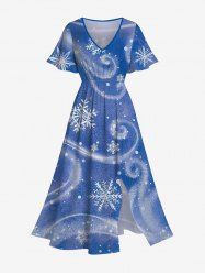 Robe Mi-Longue Fendue Flocon de Neige de Noël Imprimé de Grande Taille - Bleu 2X